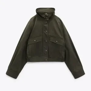 ZARA　新品　海外XS→S～M位　ダークカーキ　ショート丈　レザージャケット ZARA 新品 海外XS→S～M位 ダークカーキ ショート丈 レザー